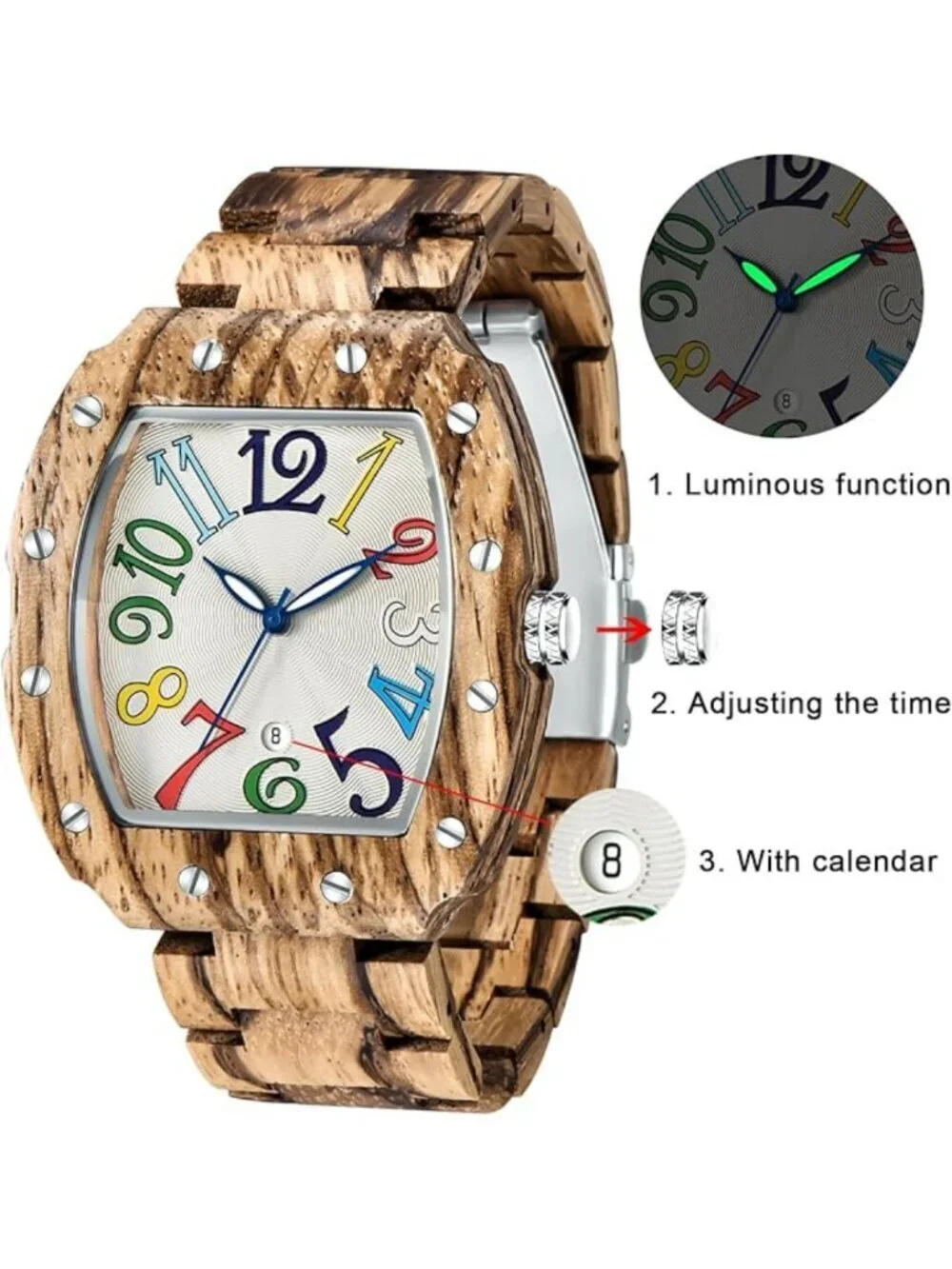 Mens Watch Two Tone Wood Rectangle Handmade Analog Dial Quartz Casual Wristwatch